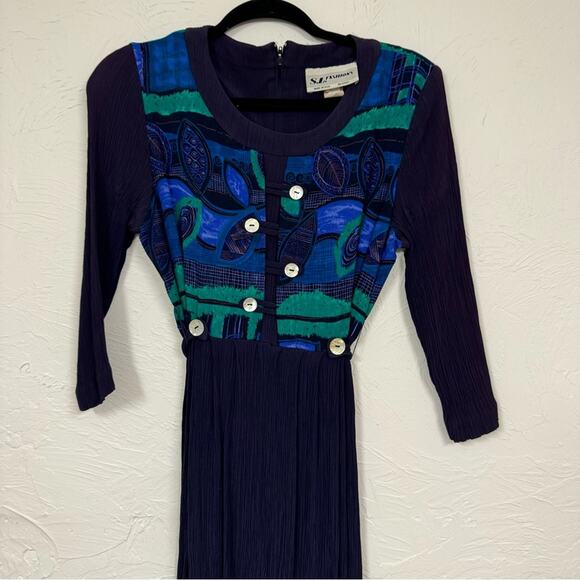 Vintage Blue Crepe Midi Dress Womens 8 80s Embroidered Short Sleeve Green Fall - Picture 8 of 10